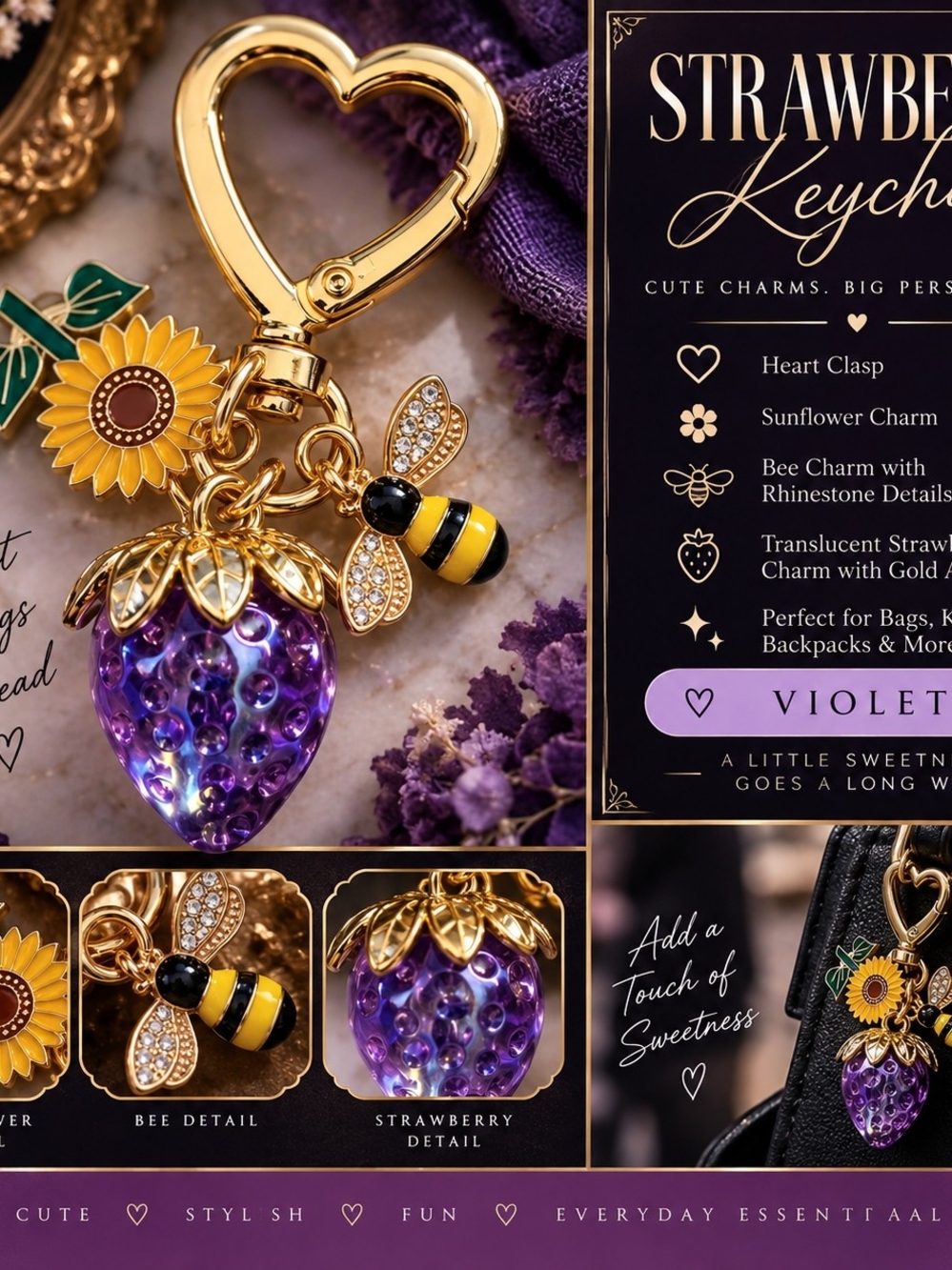 Strawberry Keychain Charm - Violet Gold Bee & Sunflower Accent